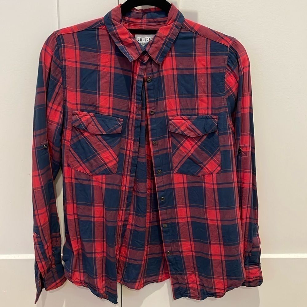 Plaid Button-Down Shirt Red Blue Check XS